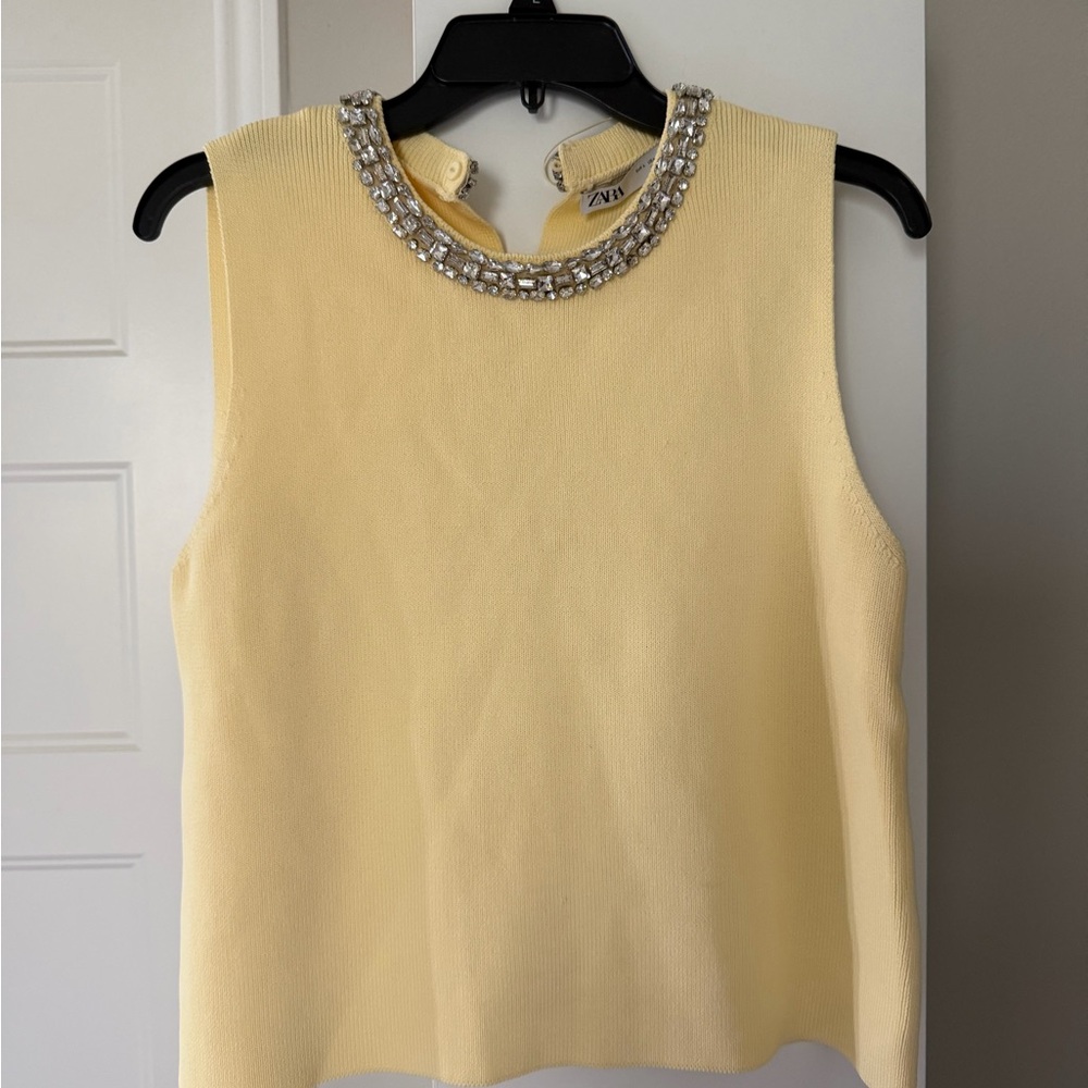 Zara Pale Yellow Sleeveless Top with Jeweled Collar